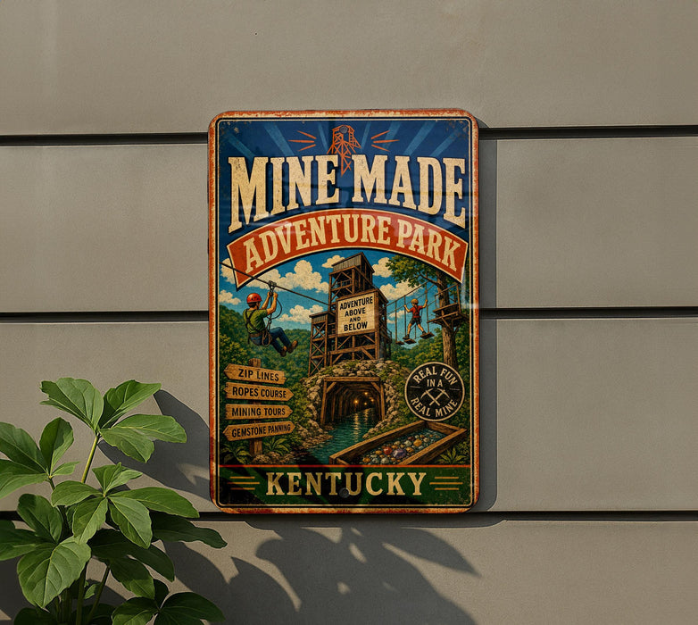 A vintage-style metal sign for the Kentucky Mine-Made Adventure Park, featuring colorful illustrations and text.
