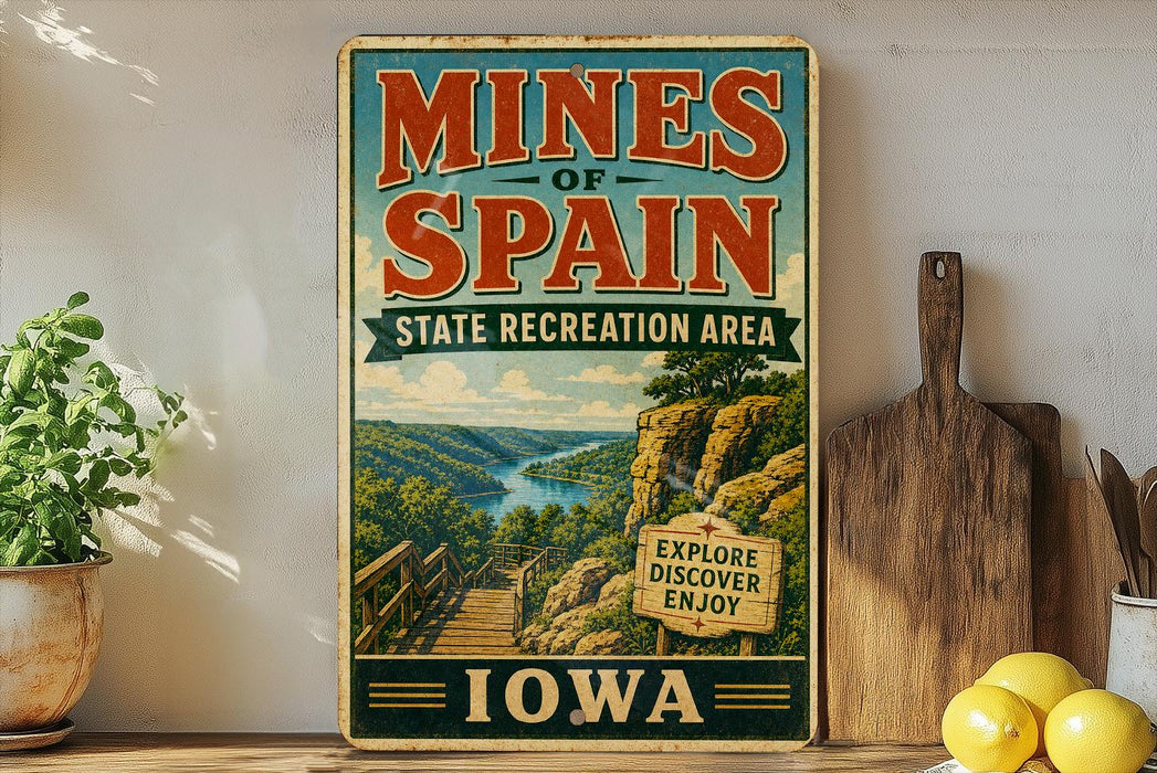 a vintage-style sign for the state recreation area of Iowa, with a scenic illustration of a river and mountains.