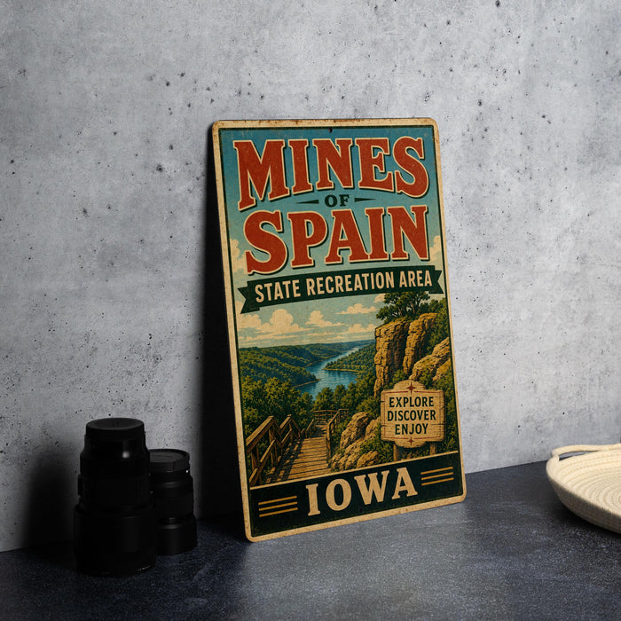 A vintage travel poster for the state recreation area of Iowa, featuring a scenic landscape with a river and mountains.