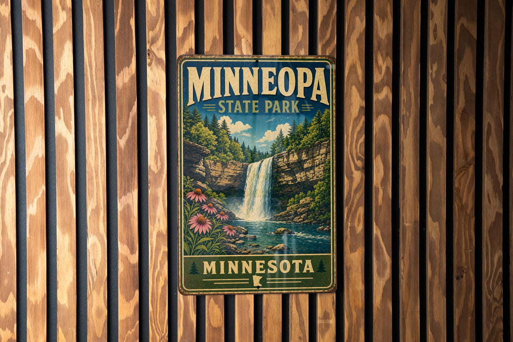 A vintage-style metal sign for Minnesota State Park, featuring a waterfall and lush greenery, is displayed on a wooden wall.