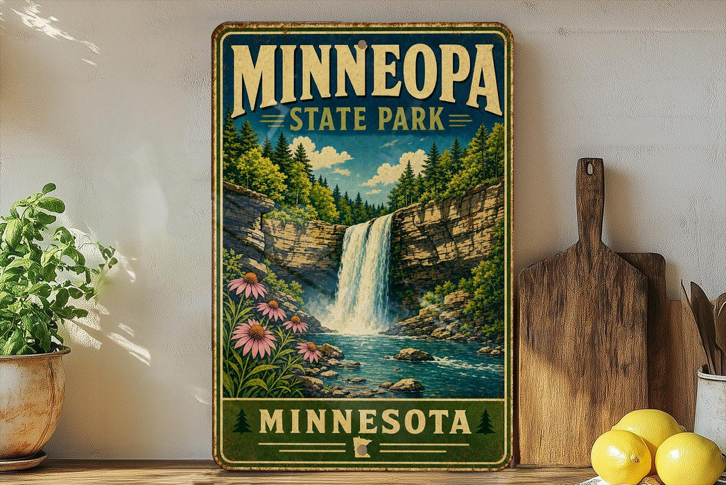 A vintage-style sign for Minnesota State Park, featuring a waterfall surrounded by pine trees and flowers, with a wooden paddle and a potted plant in the foreground.
