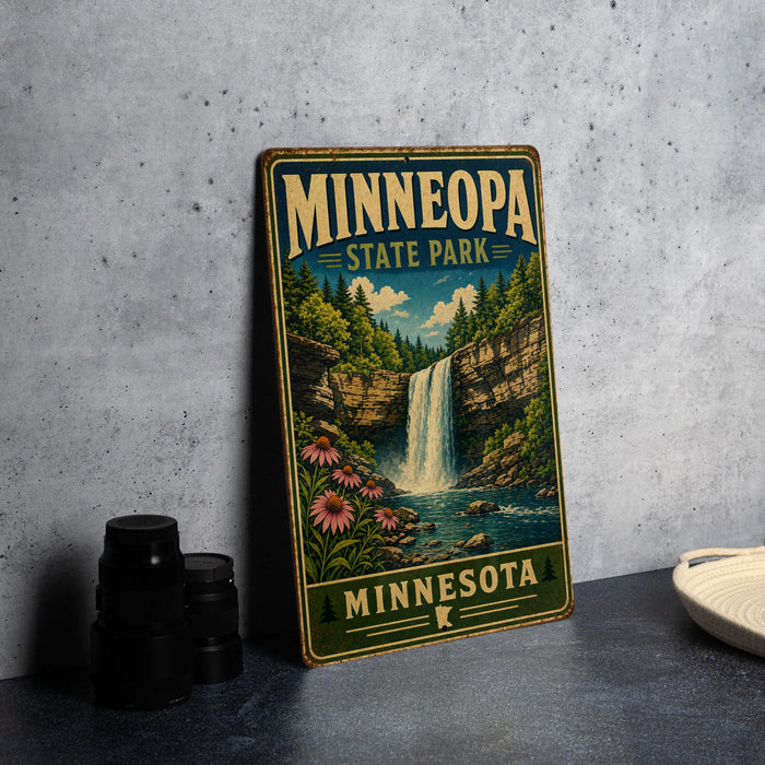 A vintage-style sign for Minnesota State Park, featuring a waterfall and lush greenery, is displayed on a gray concrete surface.