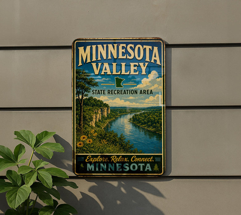 A vintage Minnesota Valley sign is displayed on a wall, featuring a scenic landscape of a river and mountains.