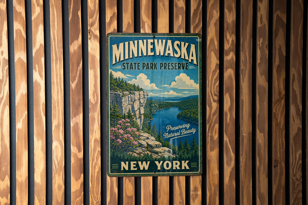 A vintage-style metal sign for Minnewaska State Park Preserve, featuring a scenic landscape with a river, cliffs, and flowers, mounted on a wooden wall.