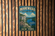 A vintage-style metal sign for Minnewaska State Park Preserve, featuring a scenic landscape with a river, cliffs, and flowers, mounted on a wooden wall.