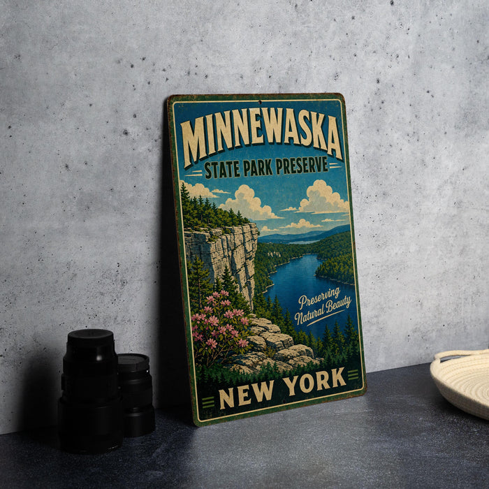 A vintage-style metal sign for Minnewaska State Park Preserve, featuring a scenic landscape with a river, cliffs, and flowers.