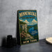 A vintage-style metal sign for Minnewaska State Park Preserve, featuring a scenic landscape with a river, cliffs, and flowers.