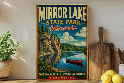 A vintage-style sign for Mirror Lake State Park in Wisconsin, featuring a scenic image of a lake with a canoe, surrounded by trees and mountains.