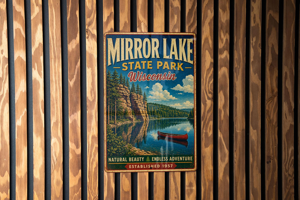 A vintage-style metal sign for Mirror Lake State Park in Wisconsin, featuring a scenic landscape with a lake, mountains, and a red canoe.