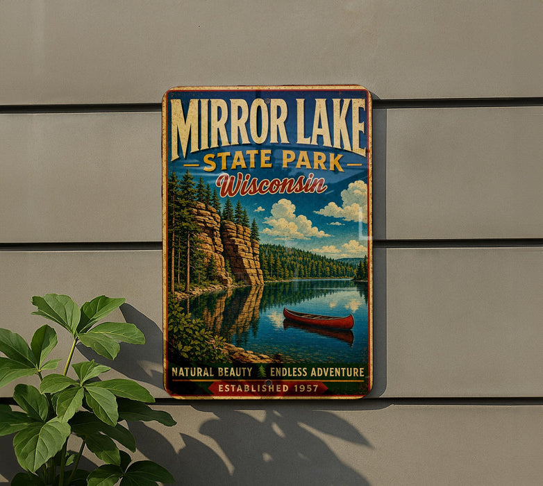 A vintage-style metal sign for Mirror Lake State Park in Wisconsin, featuring a scenic landscape with a lake, mountains, and a canoe.
