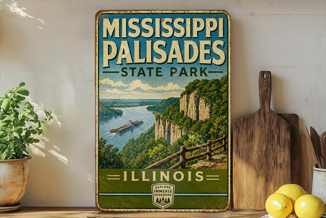 A vintage-style metal sign for Mississippi Palisades State Park in Illinois, featuring a scenic image of a river and cliffs.