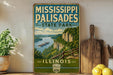 A vintage-style metal sign for Mississippi Palisades State Park in Illinois, featuring a scenic image of a river and cliffs.