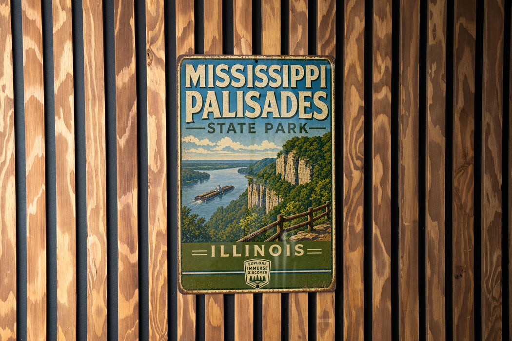 A vintage-style metal sign for Mississippi Palisades State Park in Illinois, featuring a scenic illustration of the park's natural landscape.