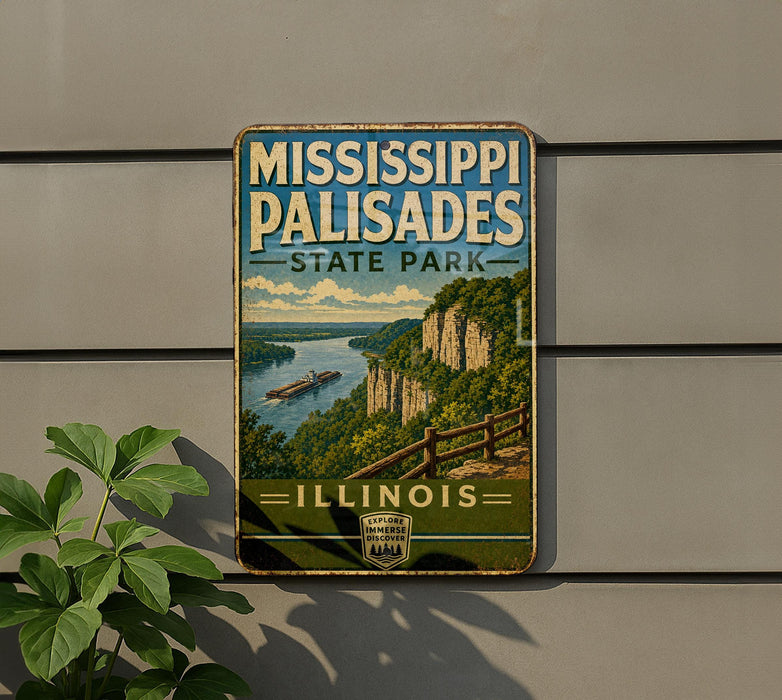 A vintage-style metal sign for Mississippi Palisades State Park in Illinois, featuring a scenic landscape with a river, cliffs, and a boat.