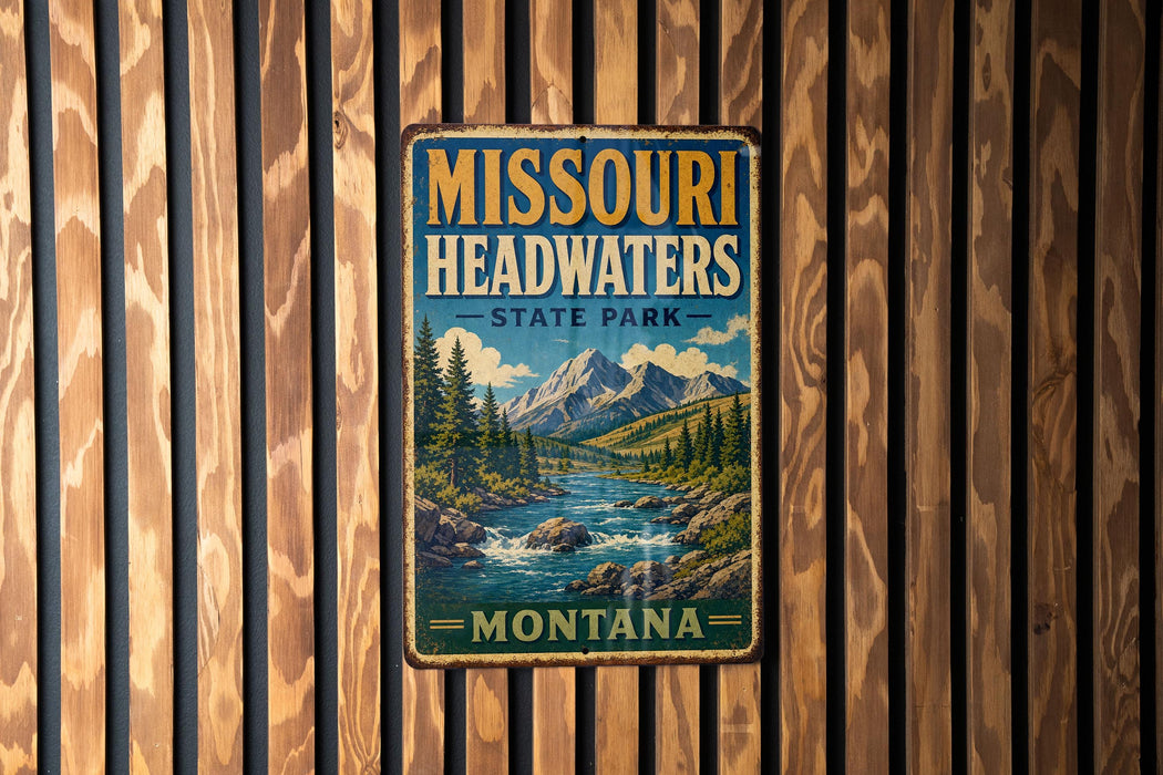 A vintage-style metal sign for Missouri Headwaters State Park, featuring a scenic landscape with a river, mountains, and pine trees.