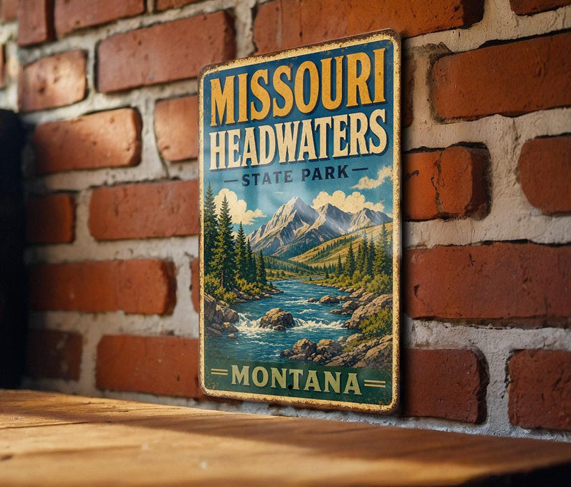 A vintage-style metal sign for Missouri Headwaters State Park, featuring a scenic mountain landscape with a river and pine trees.