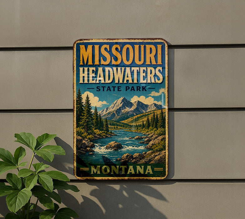 A vintage-style metal sign for Missouri Headwaters State Park, featuring a scenic landscape with mountains, a river, and pine trees.