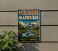 A vintage-style metal sign for Missouri Headwaters State Park, featuring a scenic landscape with mountains, a river, and pine trees.