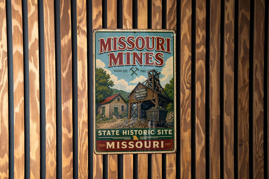 A vintage-style metal sign for the Missouri Mines State Historic Site, featuring an illustration of a mining operation and the text "Missouri Mines" prominently displayed.