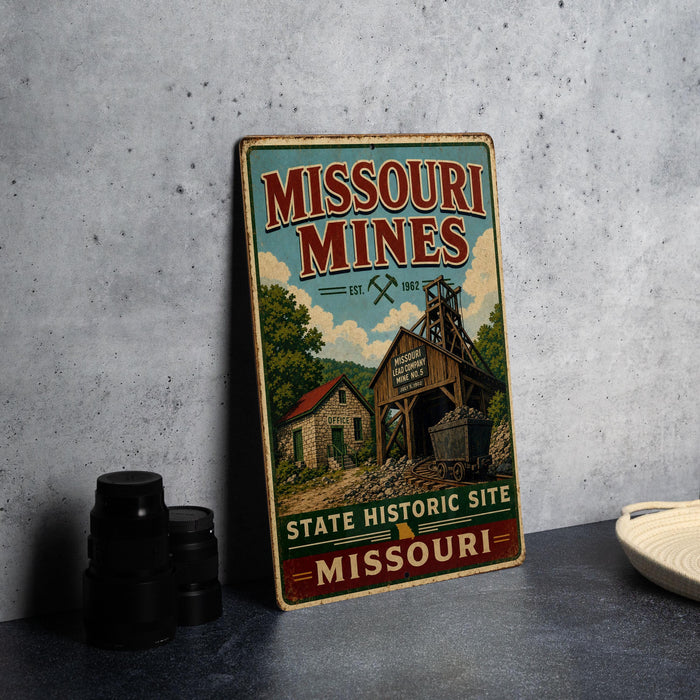 A vintage-style metal sign for the Missouri Mines State Historic Site, featuring an illustration of a mining operation with a barn and a sign that reads "Missouri Mines".