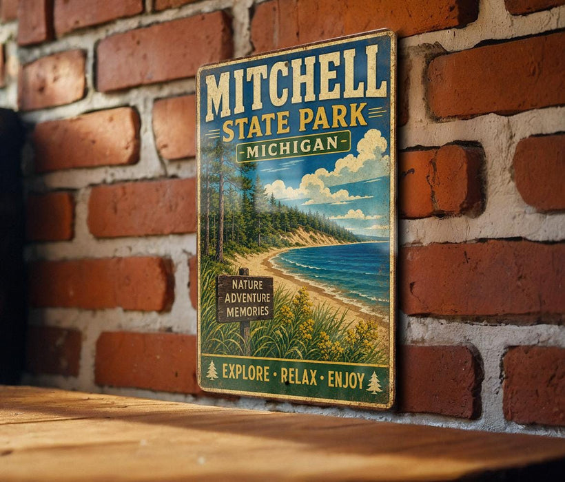 A vintage-style metal sign for Mitchell State Park in Michigan, featuring a scenic landscape with a beach, trees, and mountains.