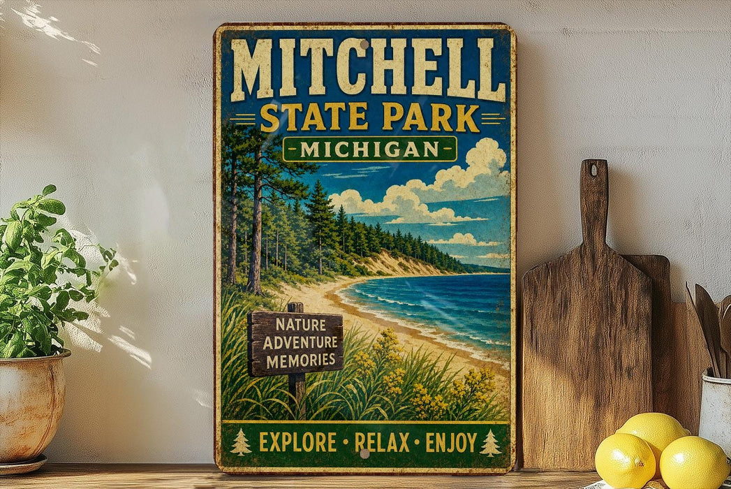 A vintage-style metal sign for Mitchell State Park in Michigan, featuring a scenic landscape with a beach, pine trees, and a lake.
