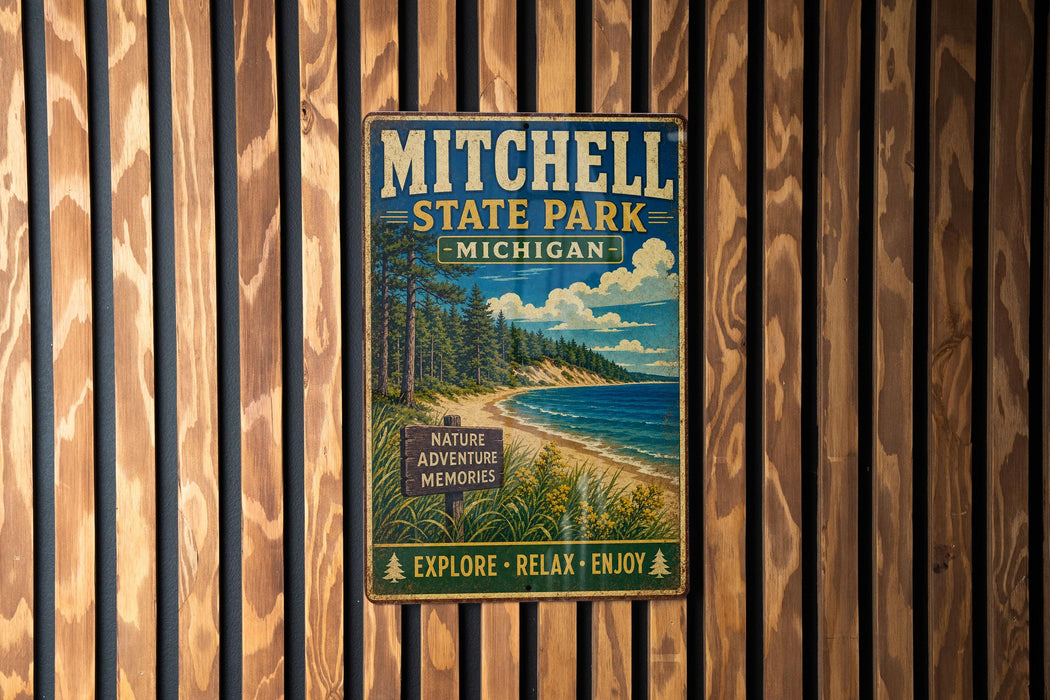 A vintage metal sign for Mitchell State Park in Michigan, featuring a scenic landscape with pine trees, a beach, and a lake.