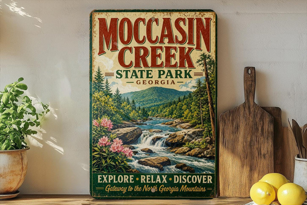 a vintage-style sign for Moccasin Creek State Park in Georgia, with a scenic illustration of a waterfall and forest. The sign encourages visitors to explore, relax, and discover the park.