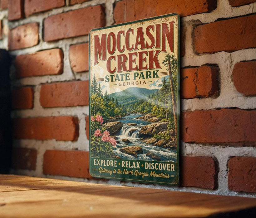 A vintage-style metal sign for Moccasin Creek State Park in Georgia, featuring a scenic illustration of the creek surrounded by mountains and forests.