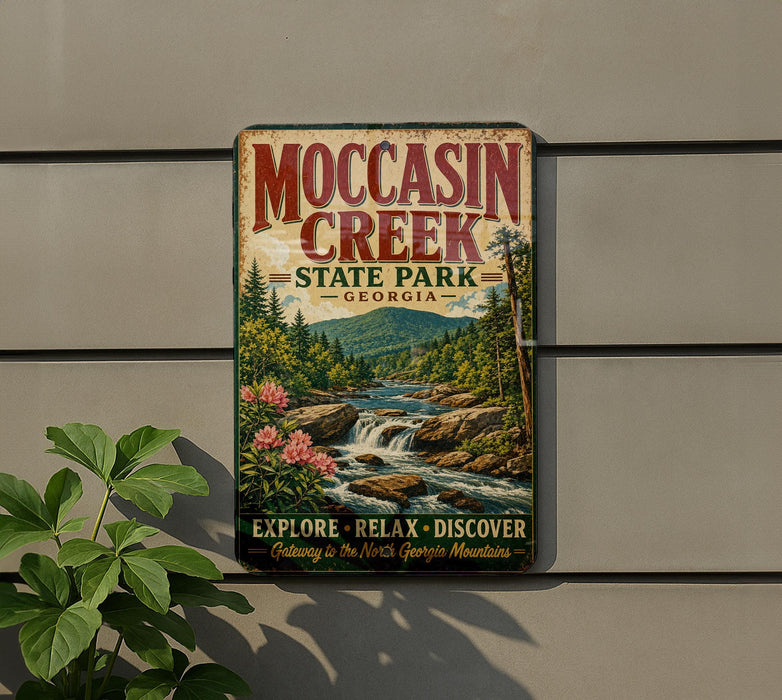 A vintage-style metal sign for Moccasin Creek State Park in Georgia, featuring a scenic illustration of a waterfall and forest.