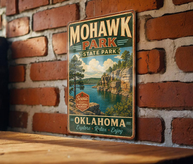A vintage-style metal sign for Mohawk Park, Oklahoma, featuring a scenic landscape with a lake and mountains.