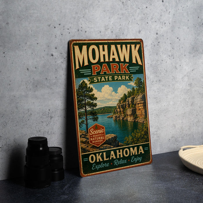 A vintage-style metal sign for Mohawk Park, Oklahoma, featuring a scenic landscape with a lake and mountains.