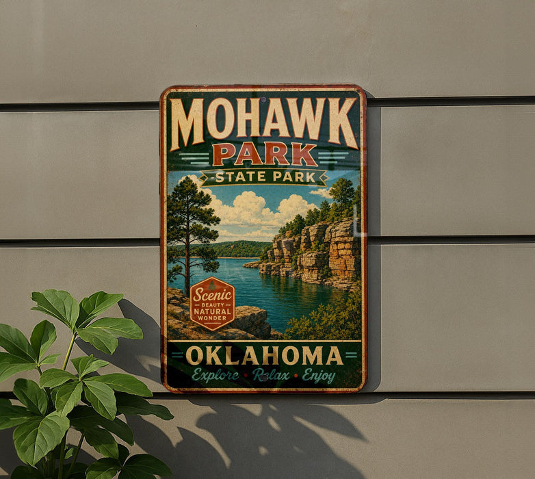 A vintage-style metal sign for Mohawk Park, Oklahoma, featuring a scenic landscape with a lake and mountains.