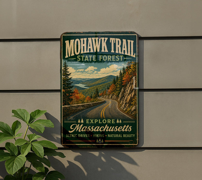 A vintage-style metal sign for the Mohawk Trail in Massachusetts, featuring a scenic mountain landscape with a winding road.