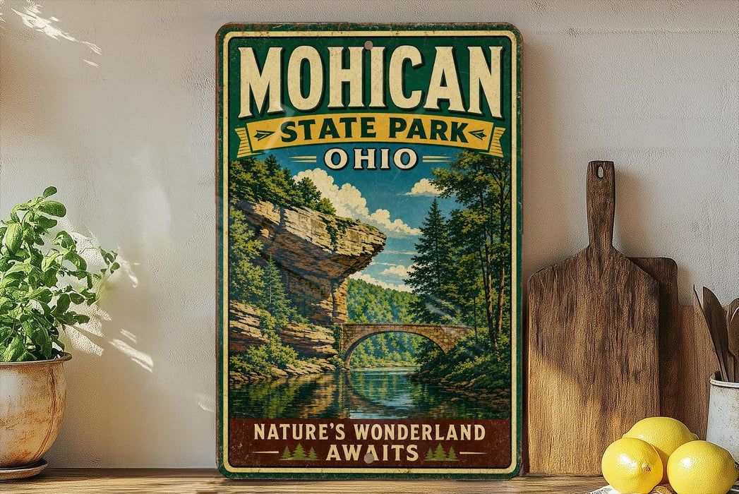 A vintage-style metal sign for Mohican State Park, Ohio, featuring a scenic landscape with a bridge and trees.