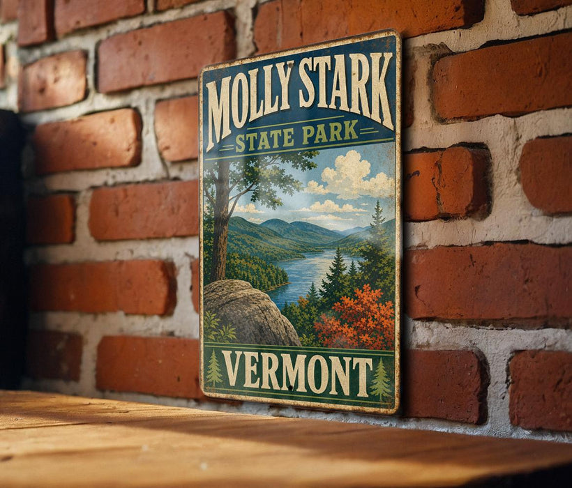 A vintage-style metal sign for Molly Stark State Park in Vermont, featuring a scenic landscape with mountains, trees, and a lake.