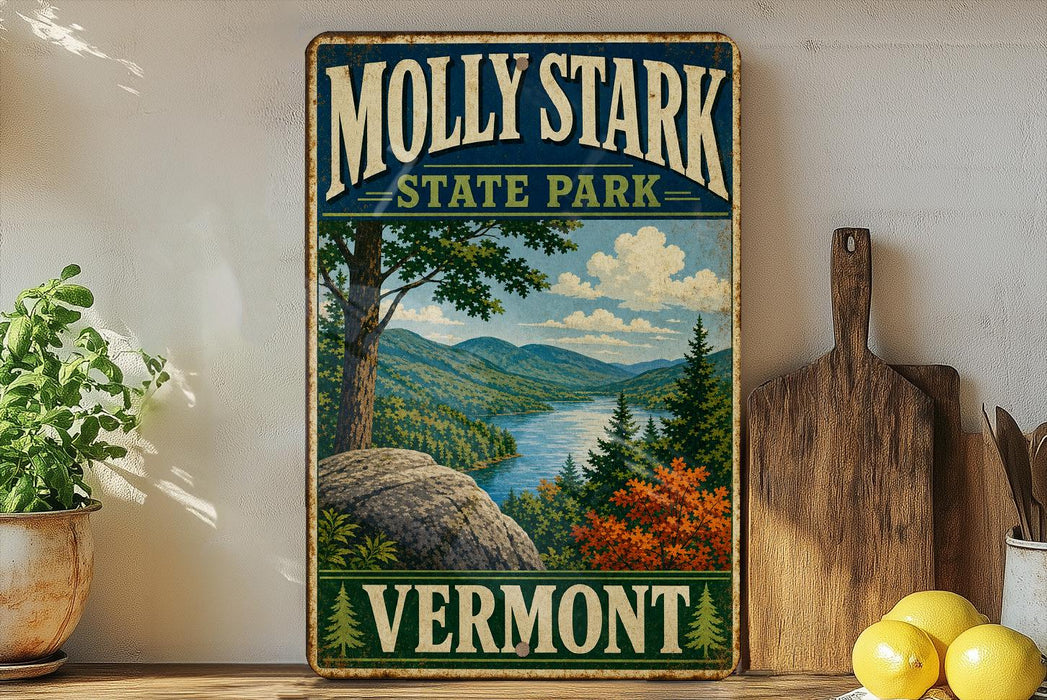 A vintage-style metal sign for Molly Stark State Park in Vermont, featuring a scenic landscape with mountains, trees, and a river.