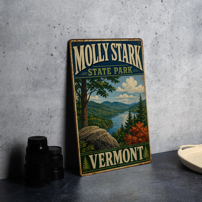 A vintage-style metal sign for Molly Stark State Park in Vermont, featuring a scenic landscape with a river, mountains, and autumn foliage.