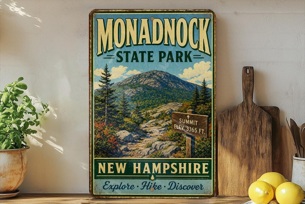 A vintage-style sign for Monadnock State Park, featuring a mountain landscape and trail signs, is displayed on a shelf next to a wooden cutting board and some lemons.