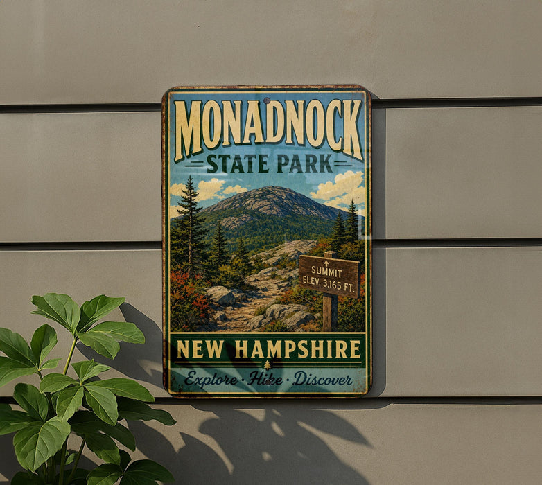 A vintage-style metal sign for Monadnock State Park, featuring a scenic mountain landscape and trail signs, is displayed on a wall next to a plant.