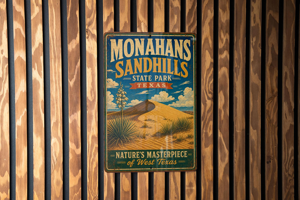 A vintage-style metal sign for Monahans Sandhills State Park in Texas, featuring a desert landscape with a cactus and a mountain in the background.