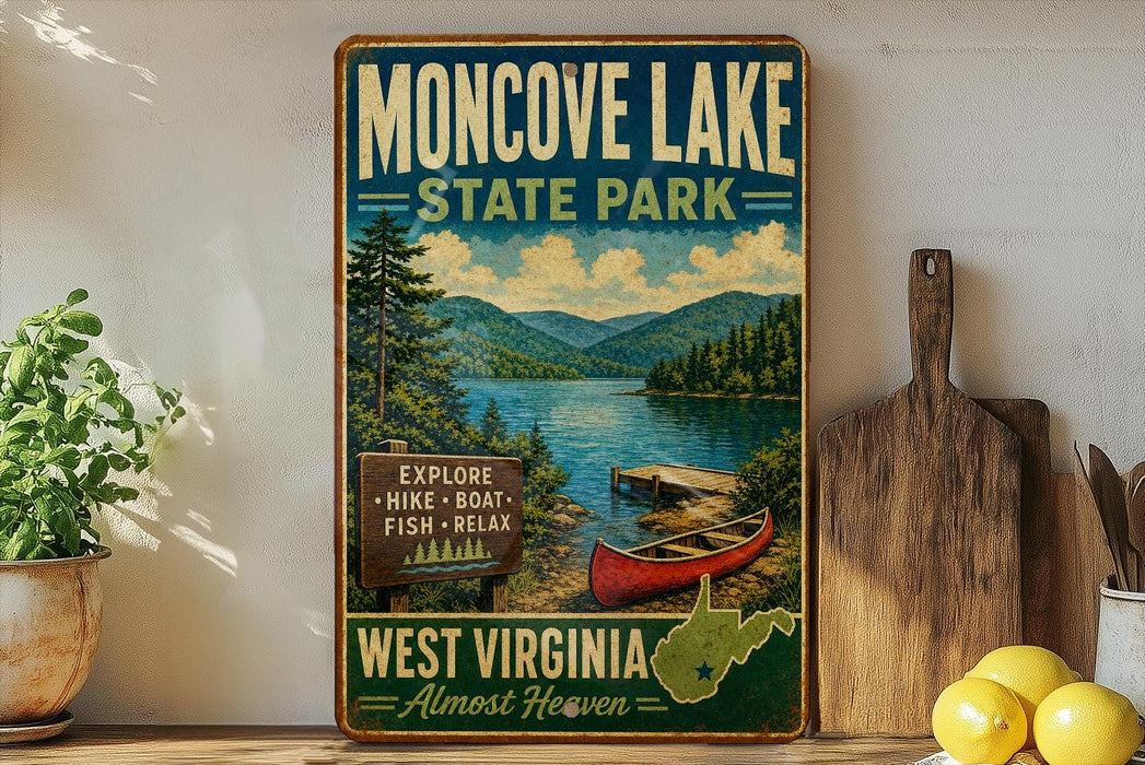 a vintage-style sign for Moncove Lake State Park, with a scenic illustration of the lake, mountains, and a red canoe. The sign also includes the text "Explore Hike Boat Fish Relax West Virginia Almost Heaven".