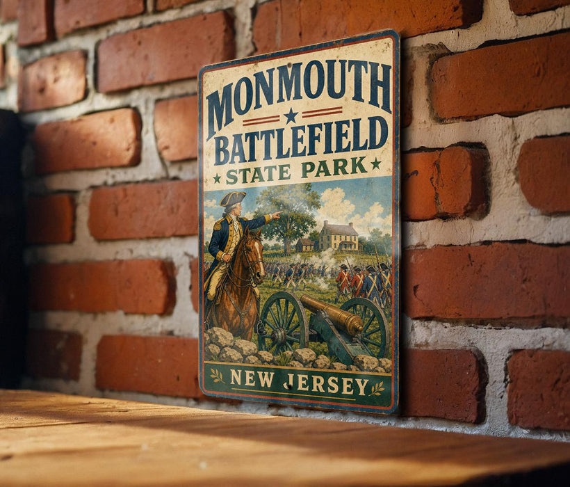 A vintage metal sign for Monmouth Battlefield State Park in New Jersey, featuring a historical illustration of a battle scene with soldiers and a cannon.