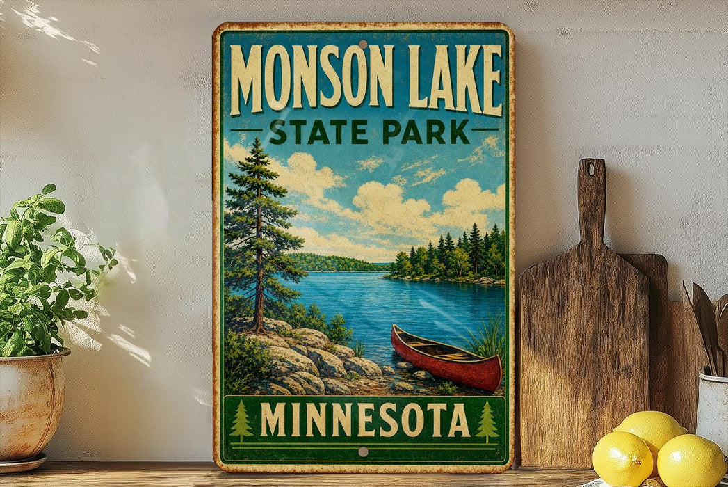 A vintage-style metal sign for "Monson Lake State Park" in Minnesota, featuring a scenic landscape with a lake, pine trees, and a canoe.