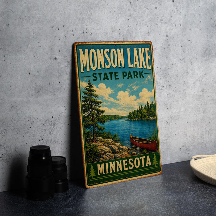 A vintage-style metal sign for Missouri Lake State Park in Minnesota, featuring a scenic landscape with a lake, trees, and a canoe.