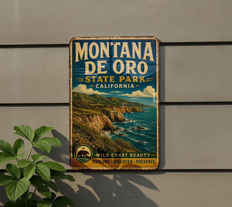 A vintage-style metal sign for Montana de Oro State Park, California, featuring a scenic coastal landscape with cliffs, mountains, and the ocean.