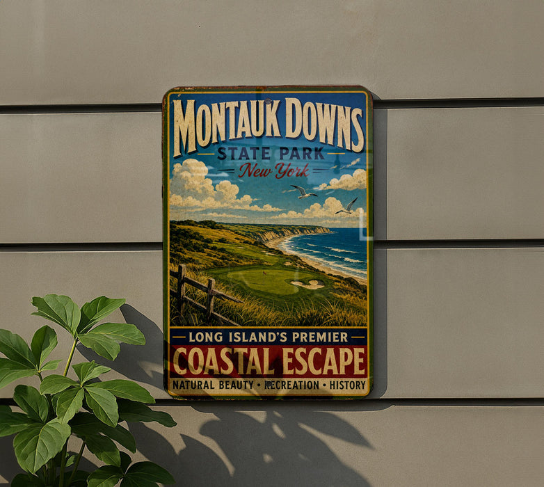 A vintage-style metal sign for Montauk Downs State Park in New York, featuring a scenic coastal landscape with a golf course and ocean in the background.