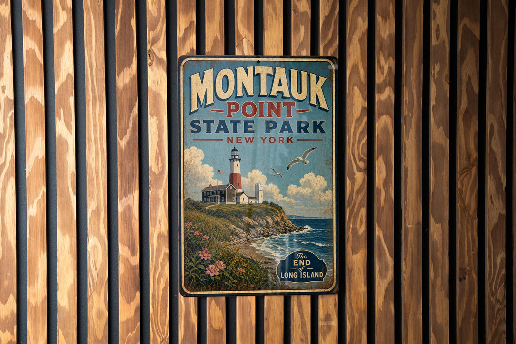 A vintage-style metal sign for Montauk State Park in New York, featuring a lighthouse and a coastal landscape.