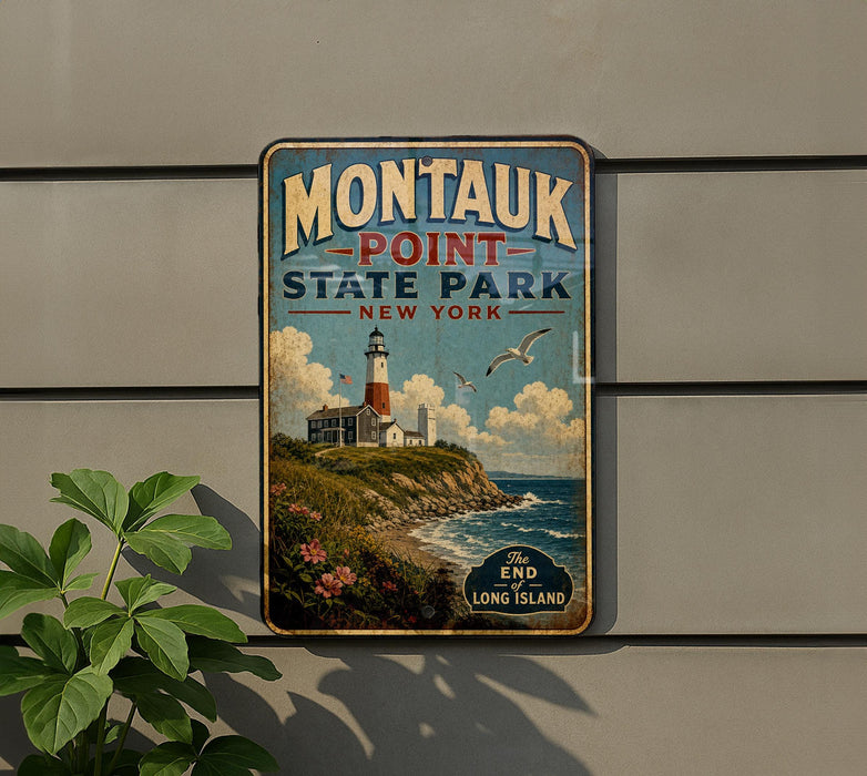 A vintage-style sign for Montauk Point State Park in New York, featuring a lighthouse and a coastal landscape.