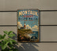 A vintage-style sign for Montauk Point State Park in New York, featuring a lighthouse and a coastal landscape.